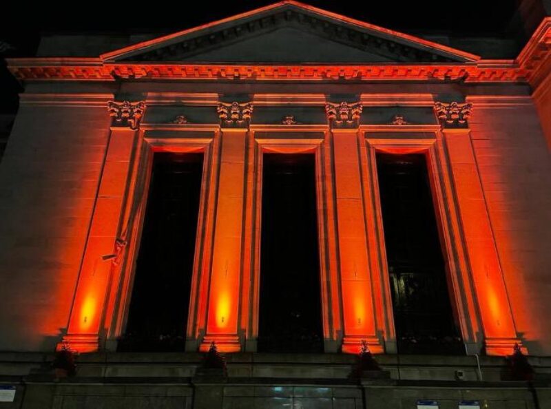 Islington Town Hall lit in orange on Tuesday 17th March to remember all those affected by violence against women and girls.