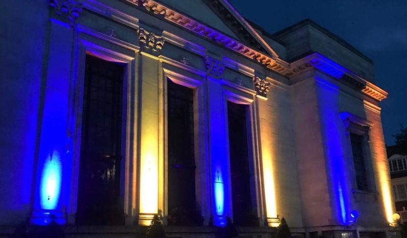 Islington Town Hall lit up in the colours of the national flag of Ukraine 