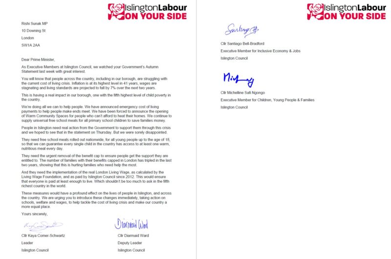 Letter from Islington Labour to the Prime Minister