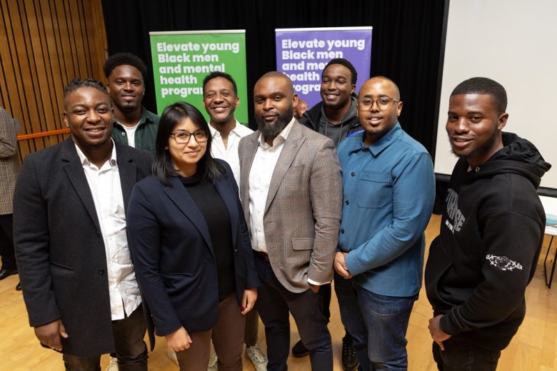 The launch event of the Young Black Men and Mental Health programme at Platform Youth Centre in Islington. From left to right: Mitch Fly, Amani Simpson, Cllr Roulin Khondoker, Ivelaw King, Cllr Jason Jackson, Richard Sigobodhla, Cllr Bashir Ibrahim, Kwaku Asiedu